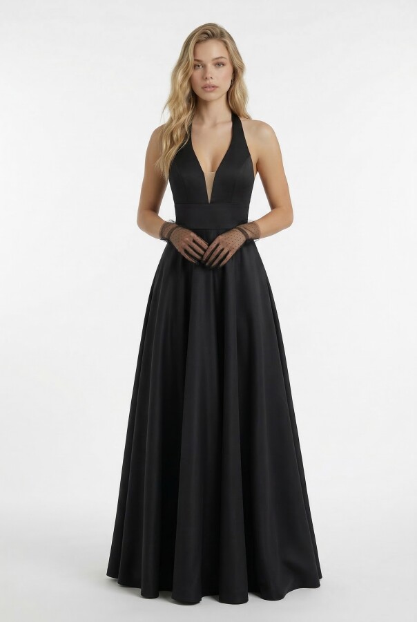 BLACK TAFFETA GOWN WITH OPEN BACK AND FULL SKIRT - 3