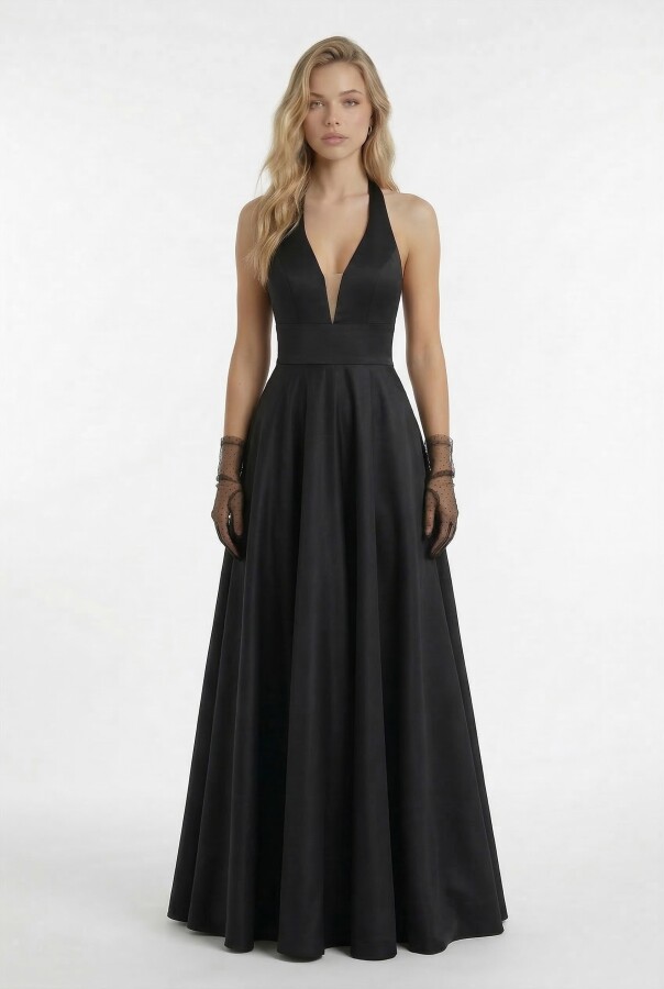 BLACK TAFFETA GOWN WITH OPEN BACK AND FULL SKIRT - 5