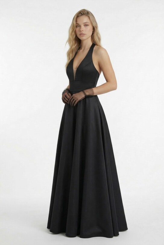 BLACK TAFFETA GOWN WITH OPEN BACK AND FULL SKIRT - 6