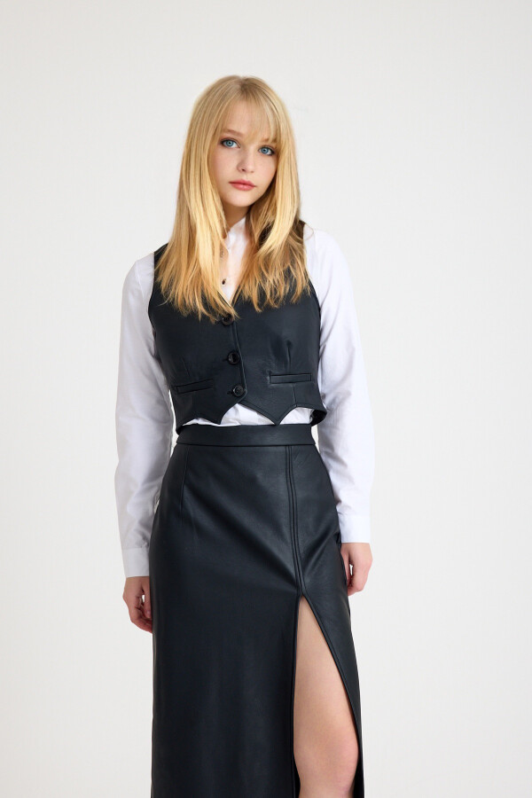 Black V-neck fitted leather vest - 1