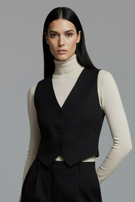 BLACK V-NECK SLIM-FIT WAISTCOAT – HÜRREM FABRIC - 3