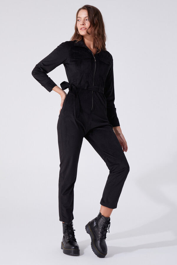  POCKET DETAIL BELTED VELVET JUMPSUIT - BERFUĞ KIRAN