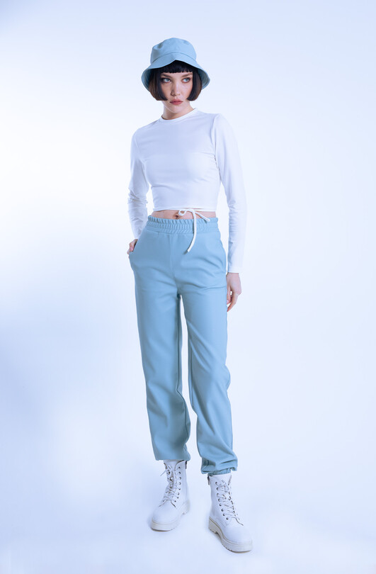 Blaue Lederhose mit elastischem Bund und elastischen Knöcheln - BERFUĞ KIRAN