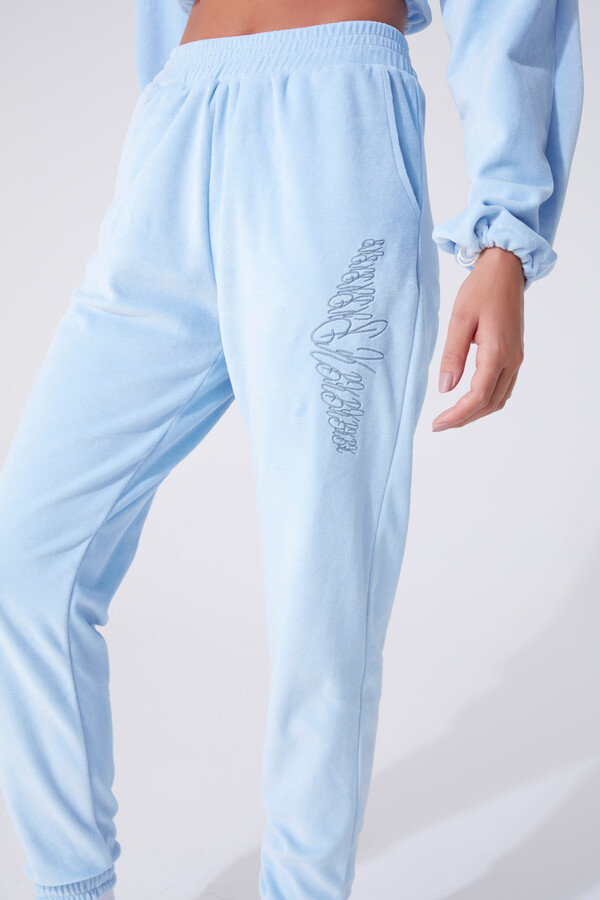 Blaue Samt-Jogginghose mit elastischen Bündchen und hohem Bund - 2