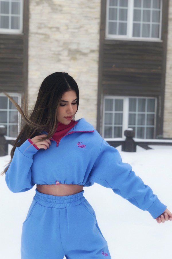 Blauer, gesteppter, kurzer Sweatshirt mit Frontreißverschluss - 3