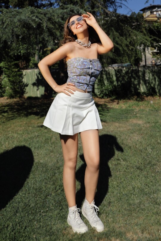 Blaues Bustier mit Muster und vorderseitigen Knöpfen - BERFUĞ KIRAN