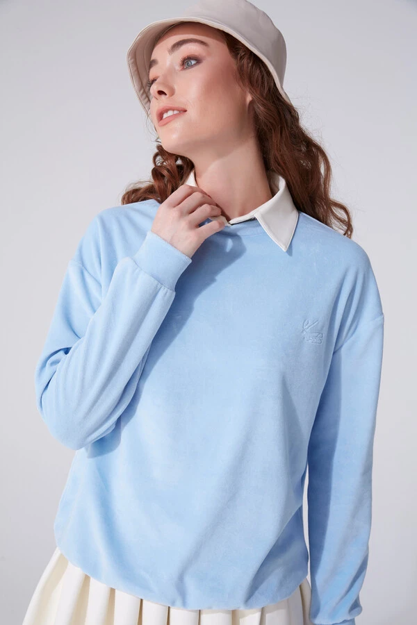 Blaues Samt Sweatshirt mit Rundhalsausschnitt und langen Ärmeln - 2
