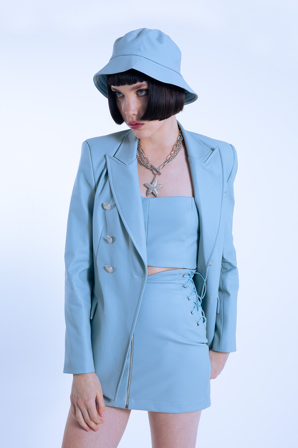 Blue Leather Mini Skirt with Side Eyelets and Front Zipper - 3