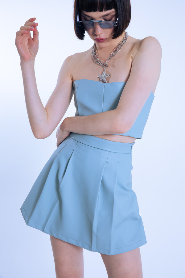 Blue Leather Pleated Front Low Waist Skort with Back Shorts - 2