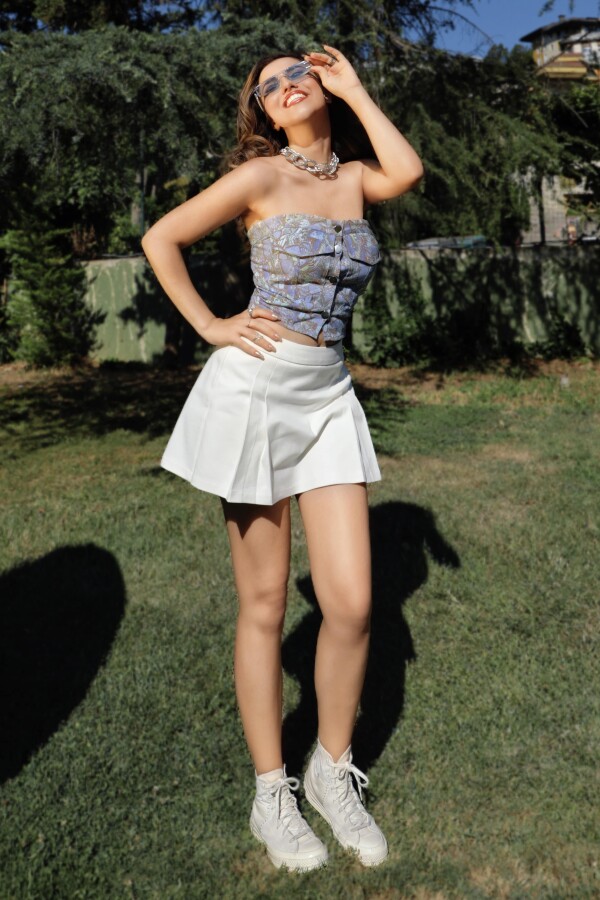 Blue patterned bustier with front buttons - 1