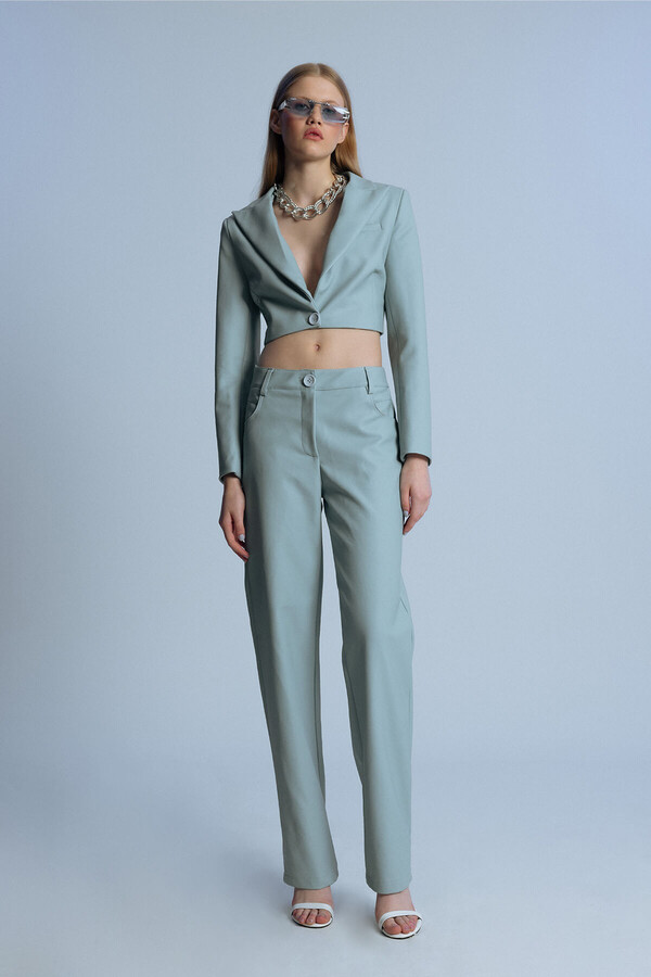 Blue Straight Leg Leather Pants - 1