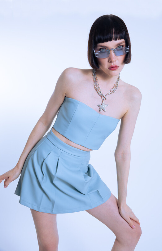 BLUE STRAPLESS SHORT LEATHER BUSTIER 