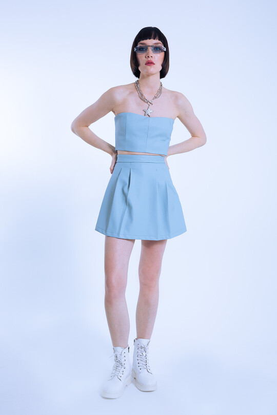 BLUE STRAPLESS SHORT LEATHER BUSTIER - 2