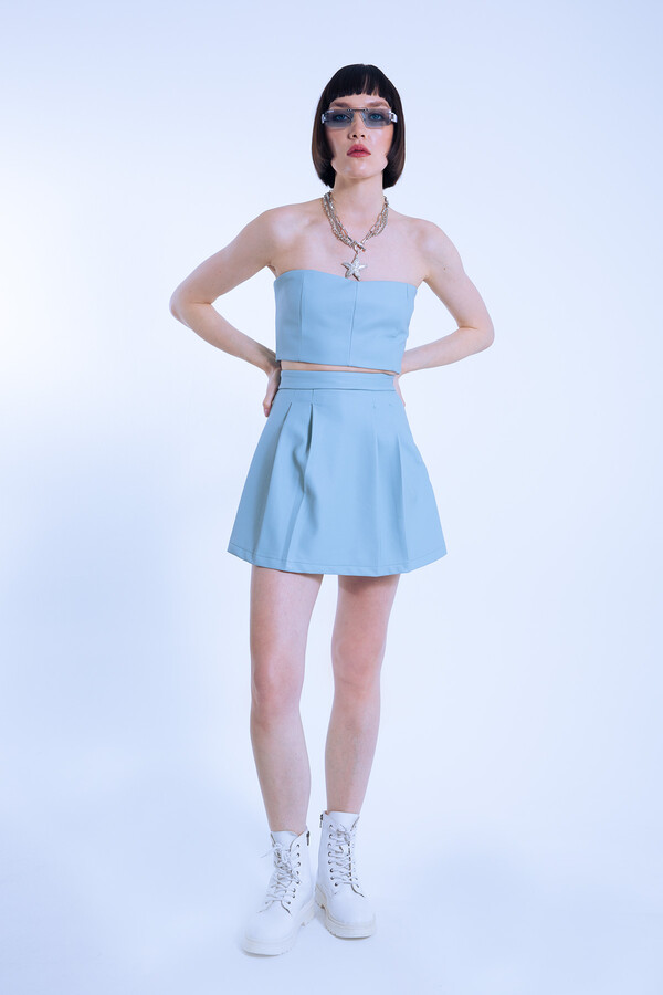 BLUE STRAPLESS SHORT LEATHER BUSTIER - 2