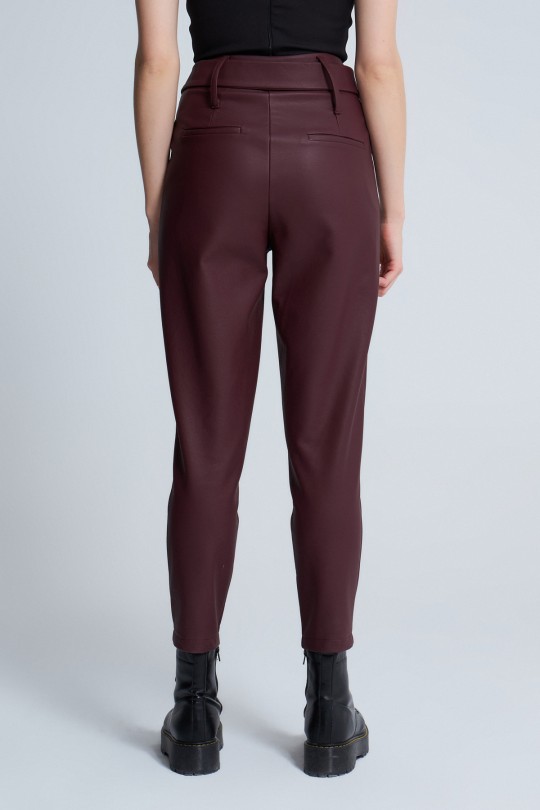 Bordeauxfarbene Leder High-Waist Haremshose mit Taillengürtel - 3