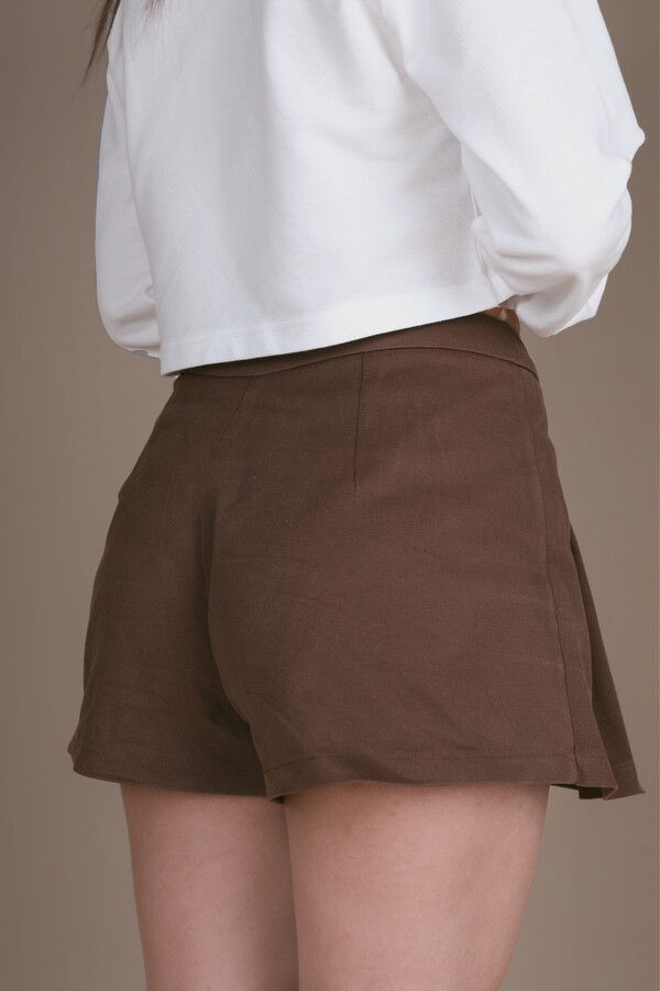 BROWN FRONT PLEATED LOW WAIST BACK SHORTS SKIRT - 4