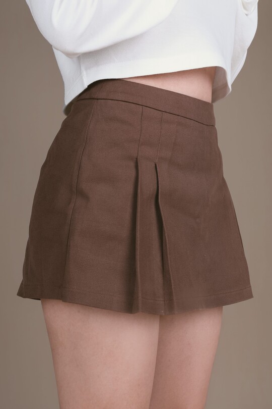 BROWN FRONT PLEATED LOW WAIST BACK SHORTS SKIRT - 3