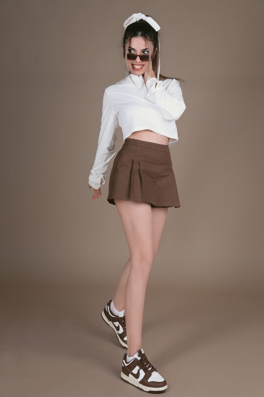 BROWN FRONT PLEATED LOW WAIST BACK SHORTS SKIRT - 1