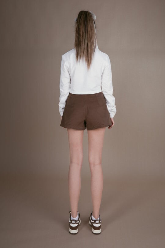 BROWN FRONT PLEATED LOW WAIST BACK SHORTS SKIRT - 5