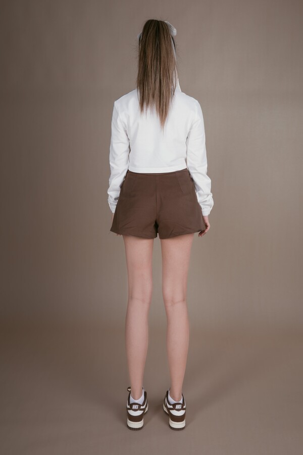 BROWN FRONT PLEATED LOW WAIST BACK SHORTS SKIRT - 5