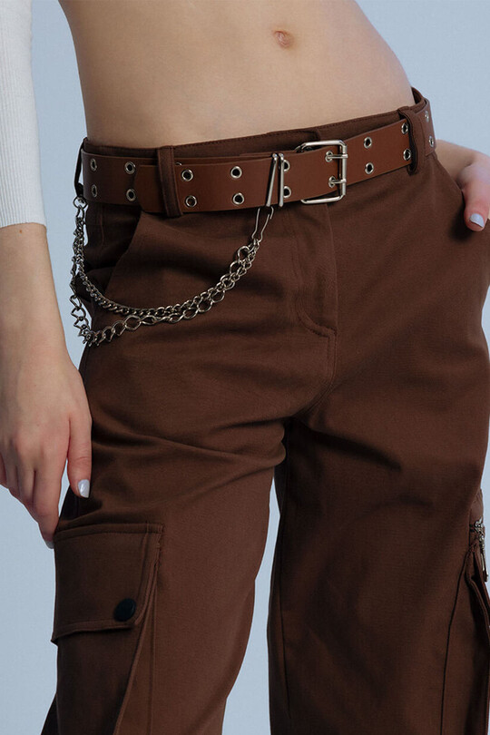 Brown grommet leather belt with chain detail - 1
