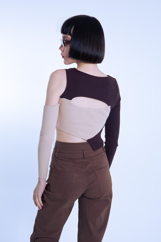 Brown/beige two-tone asymmetrical corset crop top - 5