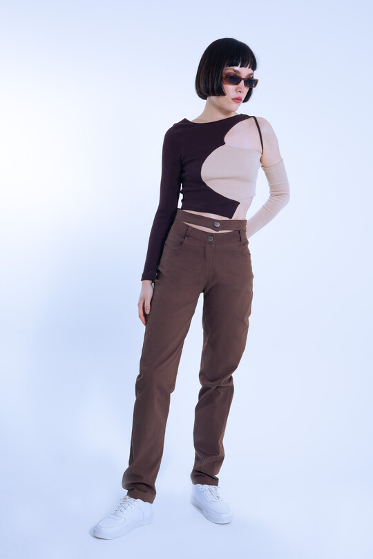 Brown/beige two-tone asymmetrical corset crop top - 2