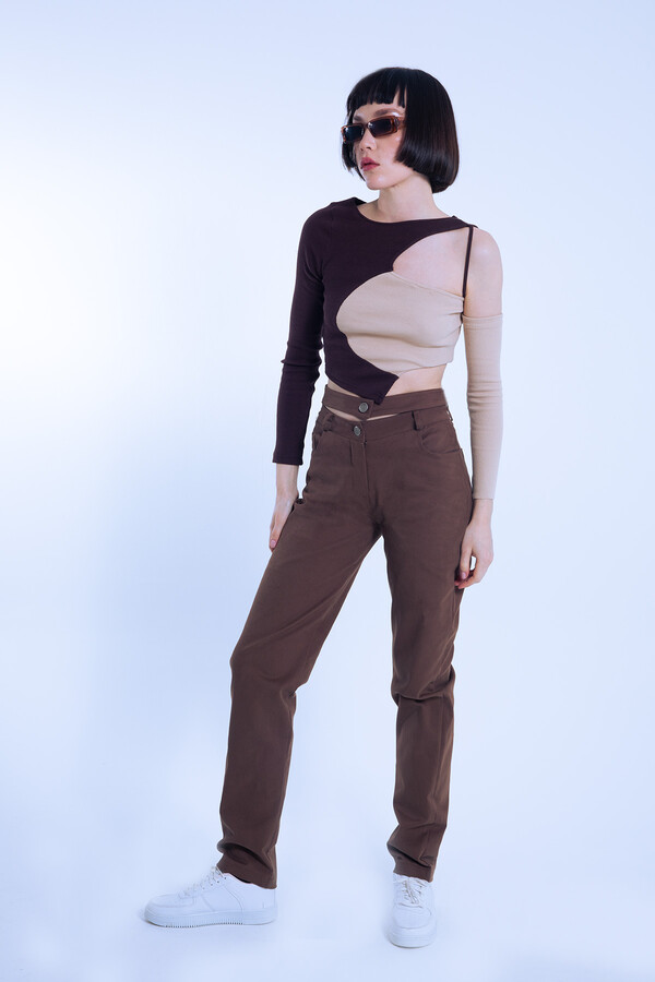 Brown/beige two-tone asymmetrical corset crop top - 3