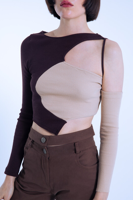 Brown/beige two-tone asymmetrical corset crop top - 4
