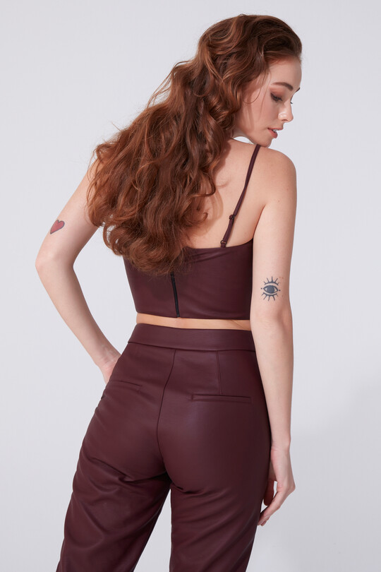 BURGUNDY THIN STRAP LEATHER BUSTIER - 3