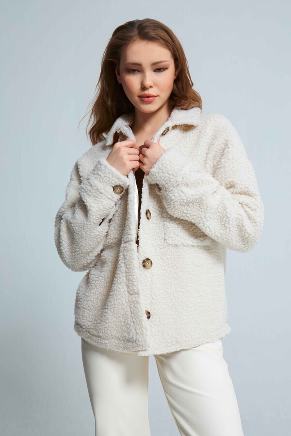BUTTON FRONT ECRU CURLY JACKET - 1
