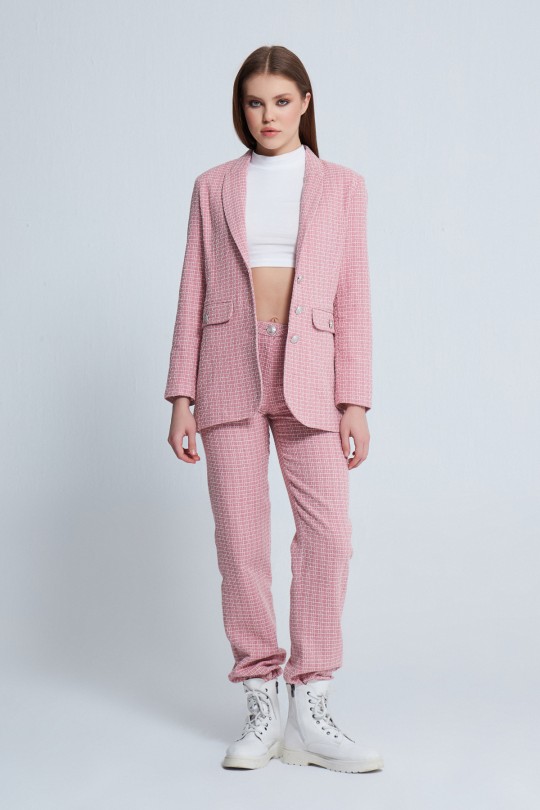 BUTTON DETAILED TUVITED JACKET PINK/WHITE