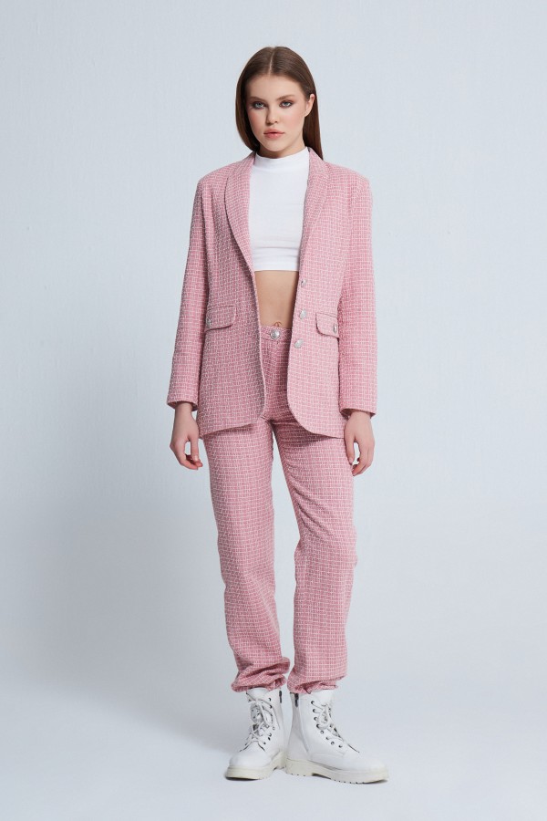 BUTTON DETAILED TUVITED JACKET PINK/WHITE - 1