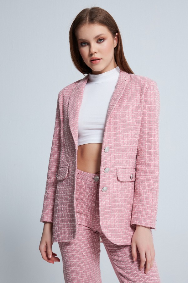 BUTTON DETAILED TUVITED JACKET PINK/WHITE - 2