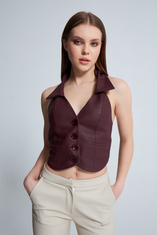 COLLAR DETAILED LEATHER VEST WITH BUTTON ON THE CHEST MAROON - Thumbnail