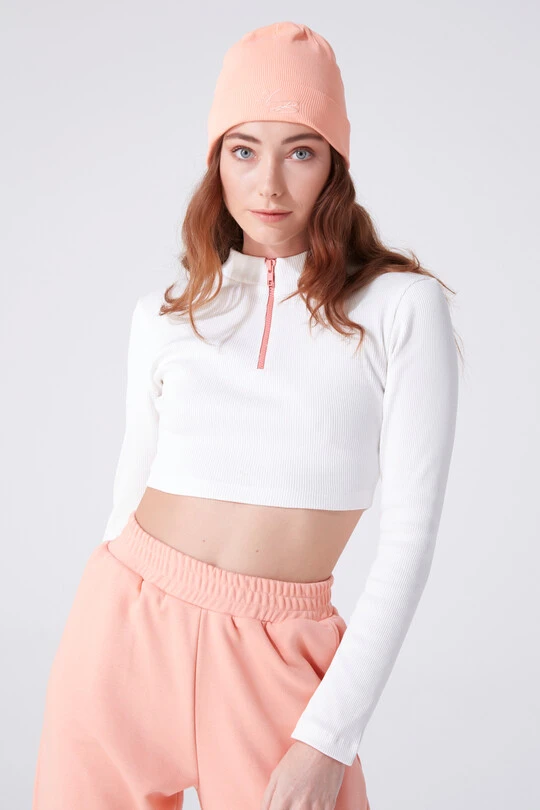 ECRU / SALMON COLORFUL ZIPPER LONG SLEEVE NECK BODY 