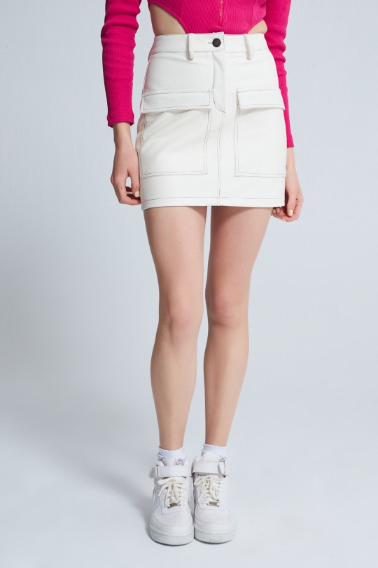 BERFUĞ KIRAN - COLOR STITCH DETAILED SKIRT WITH POCKETS ON THE SIDES WHITE (1)