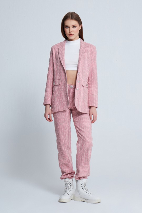 BUTTON DETAILED TUVITED JACKET PINK/WHITE 