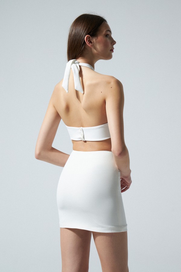 Ecru Halter Neck Dress with Front Buckle - 3