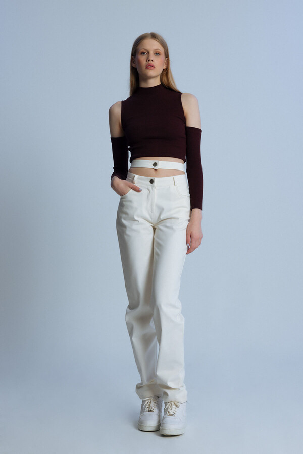 ECRU TWO BELT WAIST DETAILED PANTS - 1