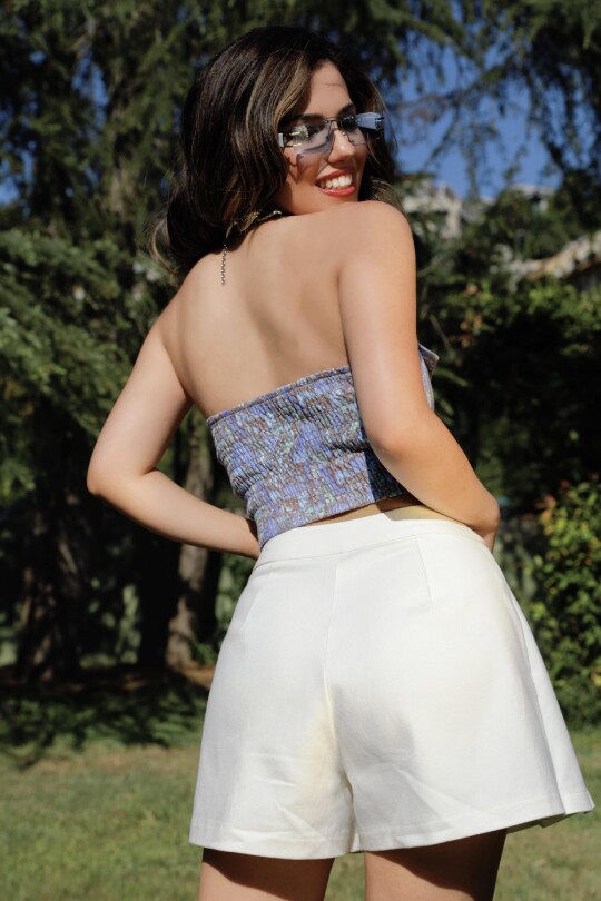 Ecru Skort mit Falten vorne und tiefer Taille - 6