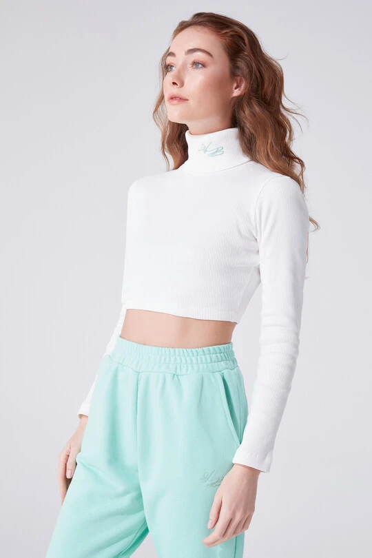 Ecrufarbenes Rollkragen-Crop-Top mit Stickereidetails 