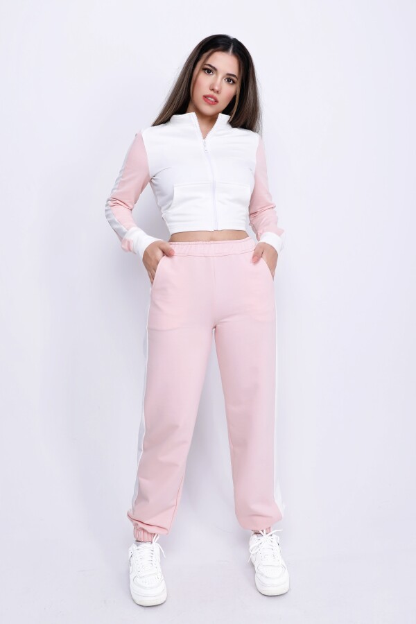 ECRU/PINK TRACKSUIT BOTTOMS WITH ELASTIC ANKLE AND POCKETS - 1