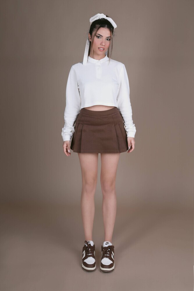 Ekru Hakim Yaka Crop Bluz
