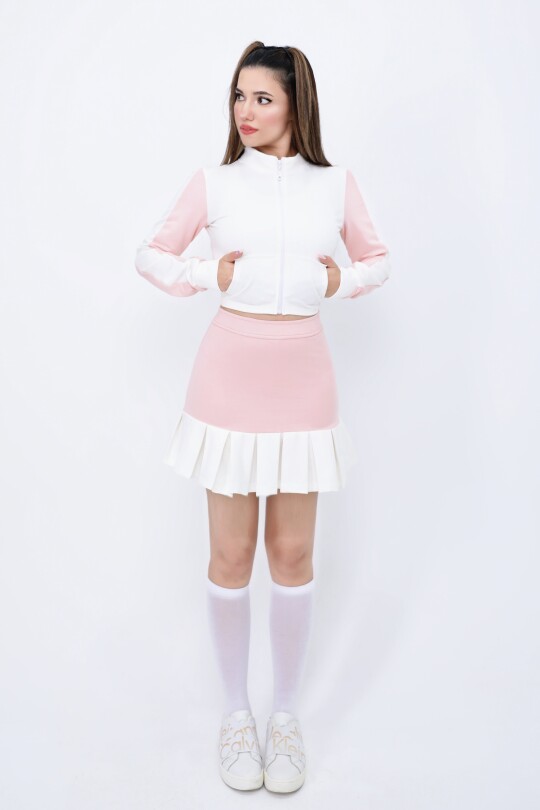 Ecru/Pink Elastic Waist Ruffled Skort 