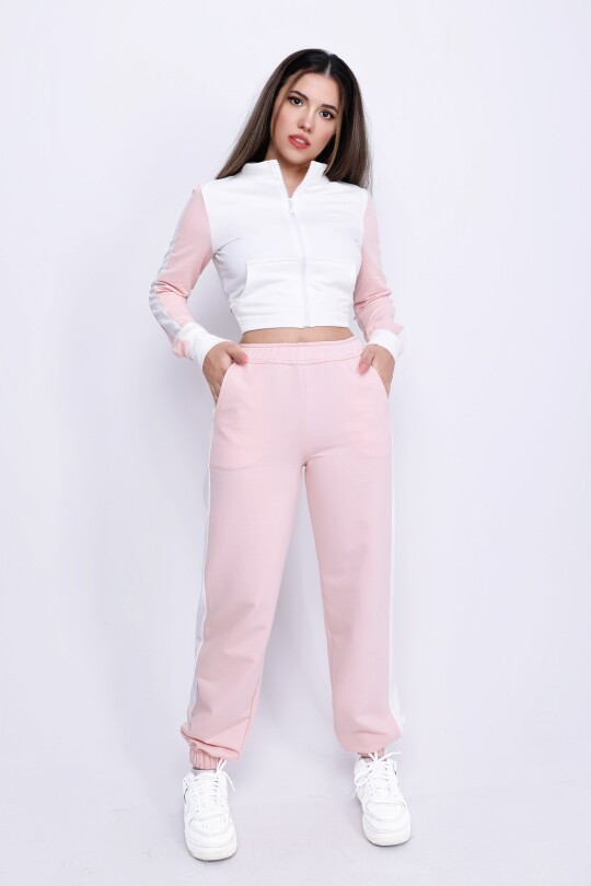 EKRU/PEMBE BİLEĞİ LASTİKLİ CEPLİ EŞOFMAN ALTI - 1