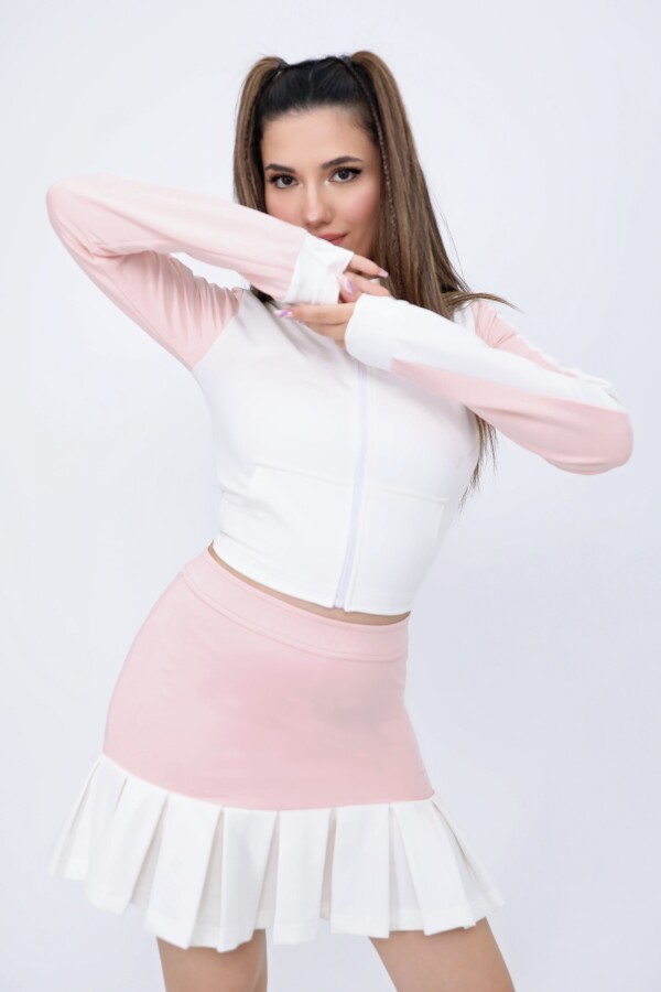 EKRU/PEMBE ÖNÜ FERMUARLI CEPLİ KISA SWEATSHİRT - 3