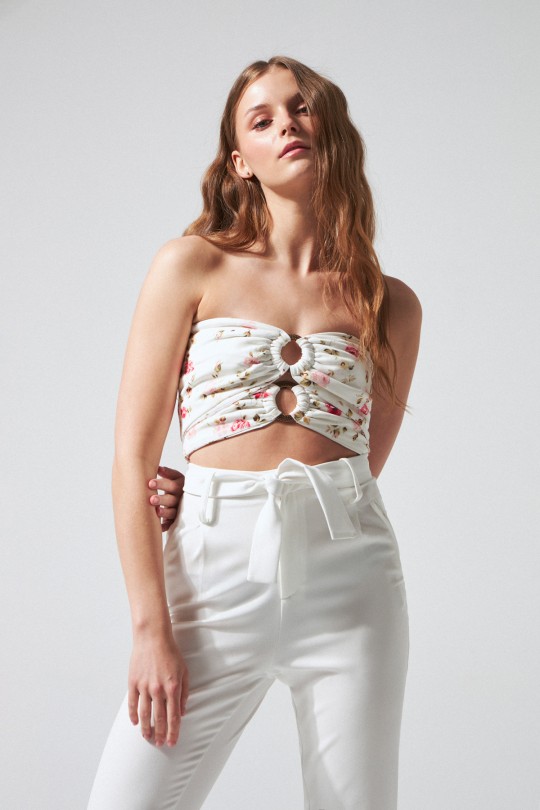 Floral Print Strapless Crop Bustier with Double Front Buckle 