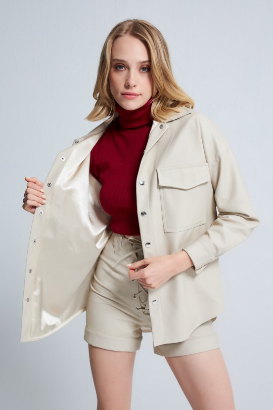 VİSON FRESH FRONT DETAILED LEATHER SHIRT MINK 