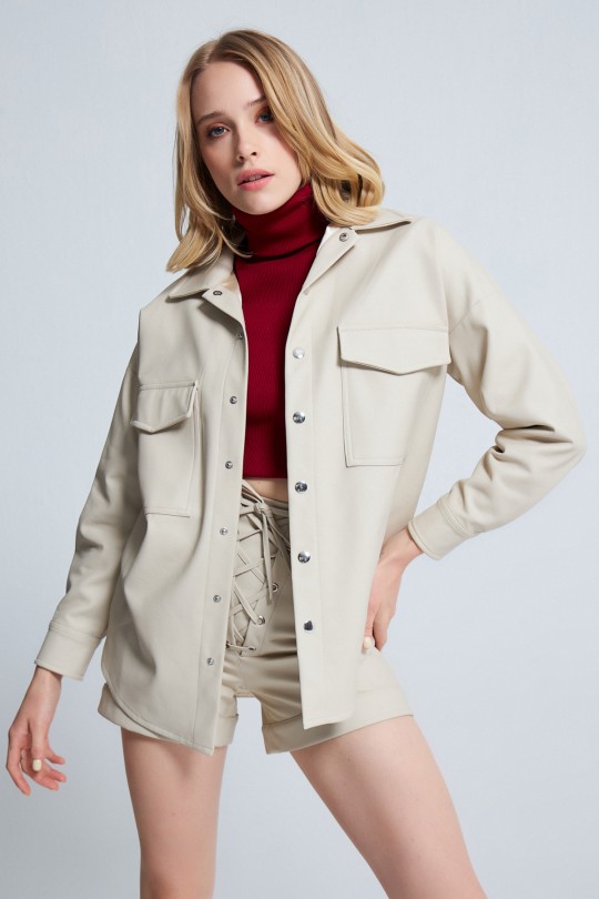 VİSON FRESH FRONT DETAILED LEATHER SHIRT MINK - 1